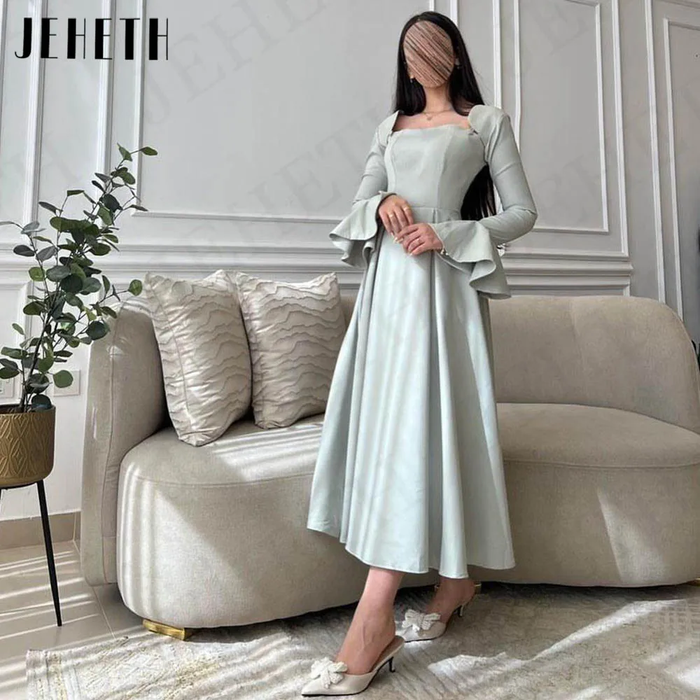 JEHETH Dubai Long Sleeves Evening Dress Green Simple A Line Formal Occasion Dresses Women Square Collar Ankle Length فساتين سهرة