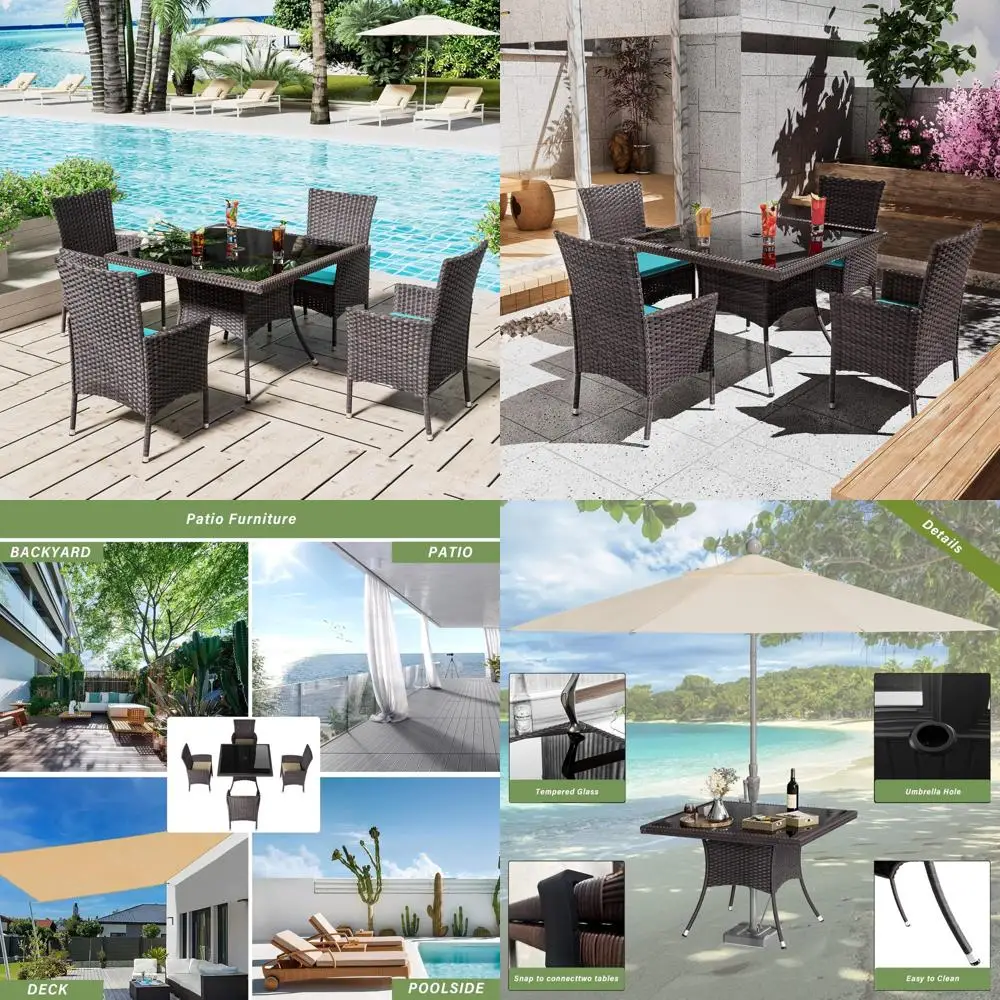 

Rattan Wicker 4-Person Dining Set with Glass Top Square Table and Umbrella Hole for Outdoor Use