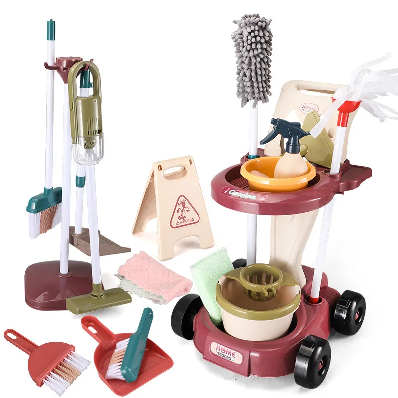 Simulation Reinigung Werkzeug Hygiene Warenkorb mit Vakuum Maschine Besen Mopp Pretend Spielen Haushalt Reinigung Pädagogisches Spielzeug Kind Weihnachten Geschenk