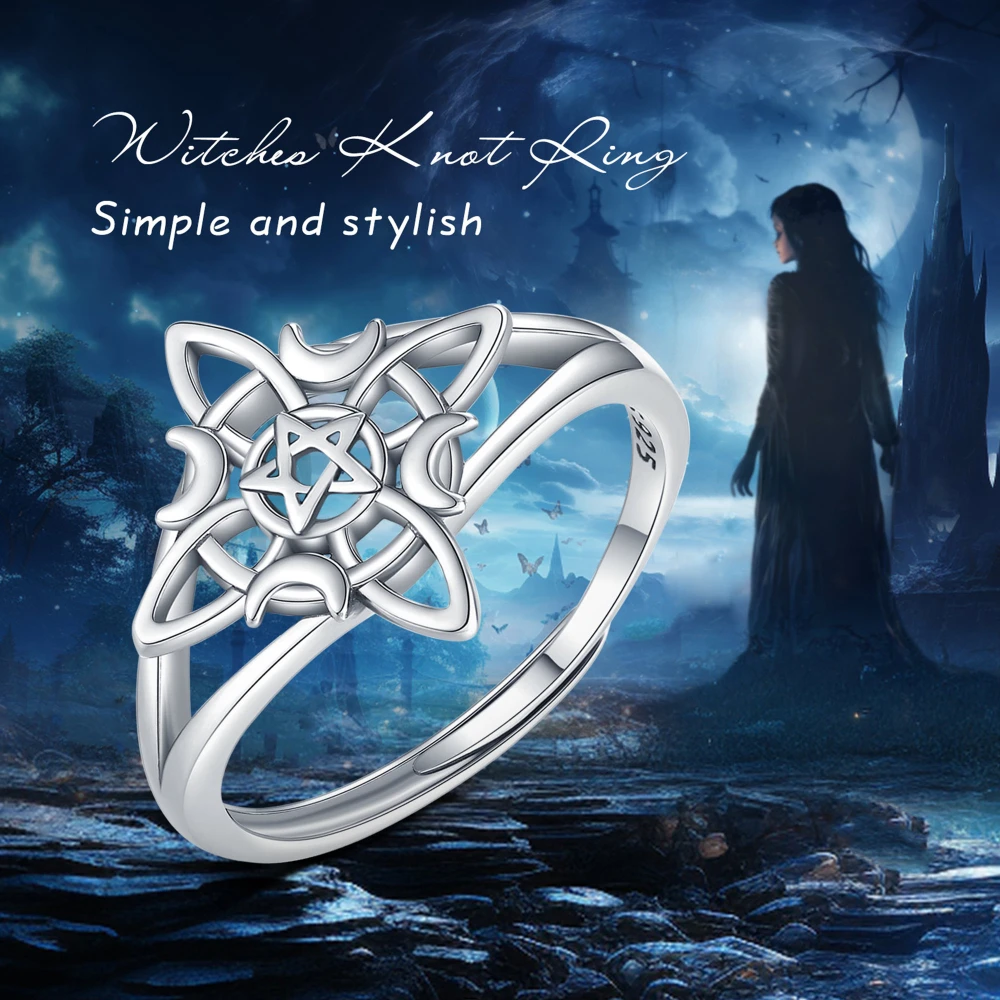 Original 925 Sterling Silver Witch Knot Open Ring for Women Celtic Knot Witchcraft Amulet Ring Hypoallergenic Wicca Jewelry