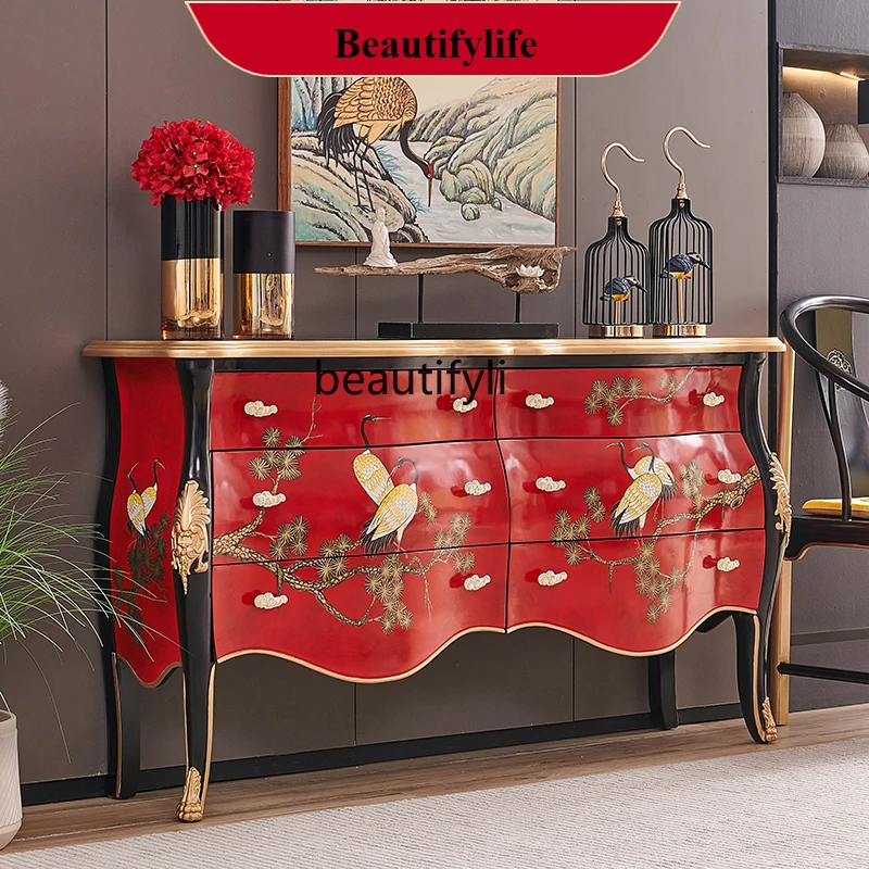 

G1218 Chinese Style Red Hand-painted Pine and Crane Solid Wood French Living Room Entrance Hallway Decorative Side Cabinet