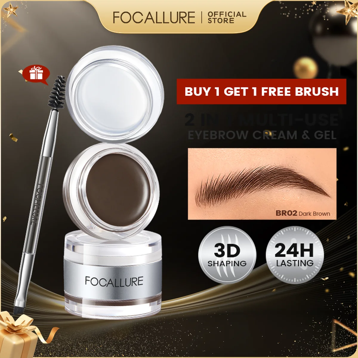 FOCALLURE 2 In 1 Eyebrow Pomade Gel Wax Makeup Waterproof Long Lasting 3 Colors Eyebrow Enhancer Cream Cosmetics With Brush