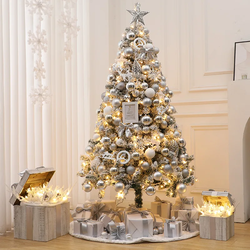 Simulated Plush Christmas Trees, Luxury Fall Snow Xmas Trees / Warm White LED Lights, Branches, Artificial Flowers