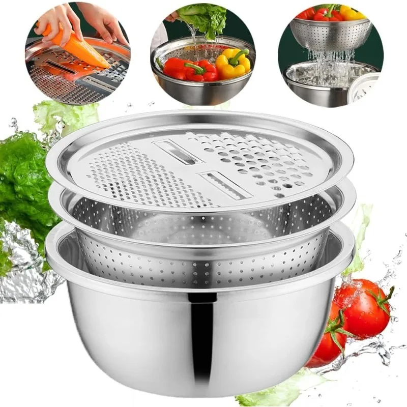 3 in 1 Multifunctional Stainless Steel Basin and Grater Vegetable Cutter Grater Filter and Drain Basket Kitchen Washing Filter