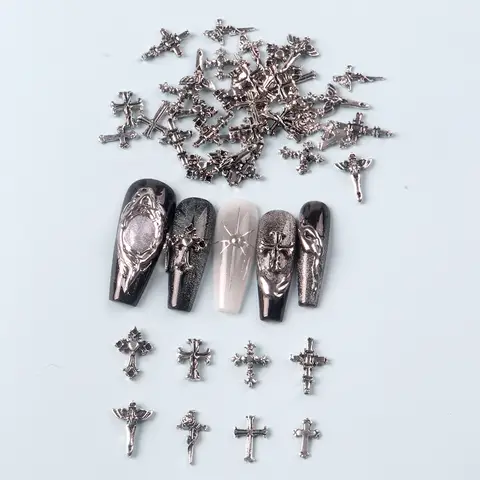 TSZS 50pcs/bag Mix Punk 3D Retro Cross Jewelry Nail Art Charms Mix Shape Grey Cross Nail Charms Nail Manicure Decoration