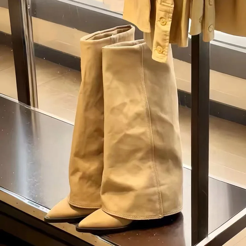 Pointed Toe Coarse Following Knee-High Long Boots Retro Slip on Woman Leather Wide Tube High Heel New Locomotive Boots Big Size