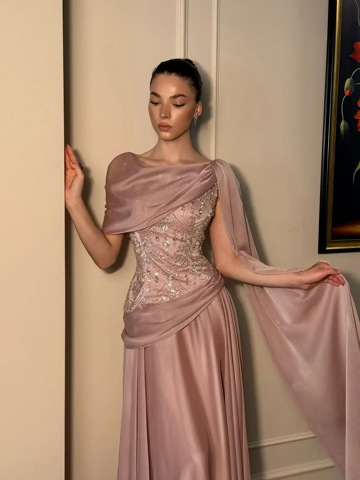 LumiGown Custom Dusty Pink Draped Cowl Neck Cape Mermaid Evening Dress Heavy Hand Beaded Bodice Smooth Satin Wedding Guest Bride