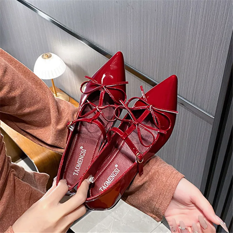 

Elegant Burgundy Patent Leather Pointed Toe Bow Flats Shoes for Woman's Butterfly-Knot Buckle Sweet Cross Strap Mary Jane Shoes