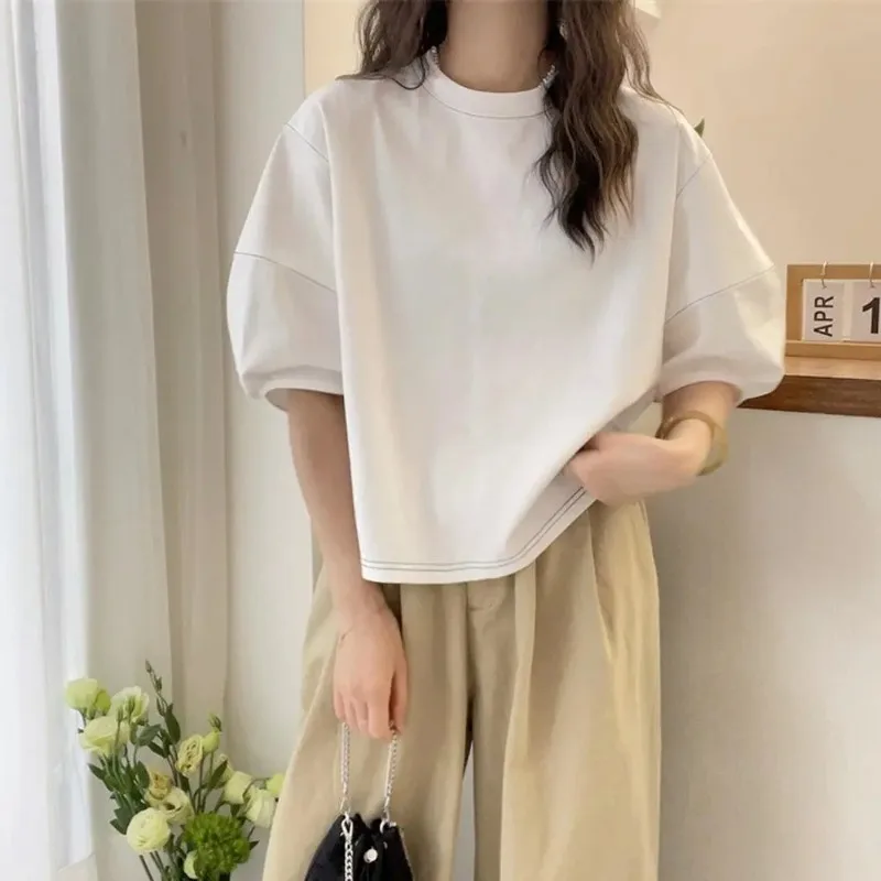 Camiseta de manga corta de algodón puro con cuello redondo y manga abombada, estilo holgado y perezoso, novedad de verano