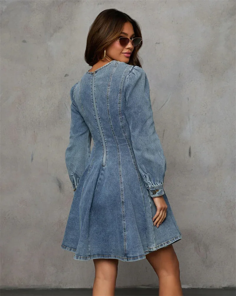 Elegant Denim Dress For Women New Autumn Long Sleeve A-Line Sexy Patchwork Slim Dresses Fashion Lady Club Streetwear Jean Dress
