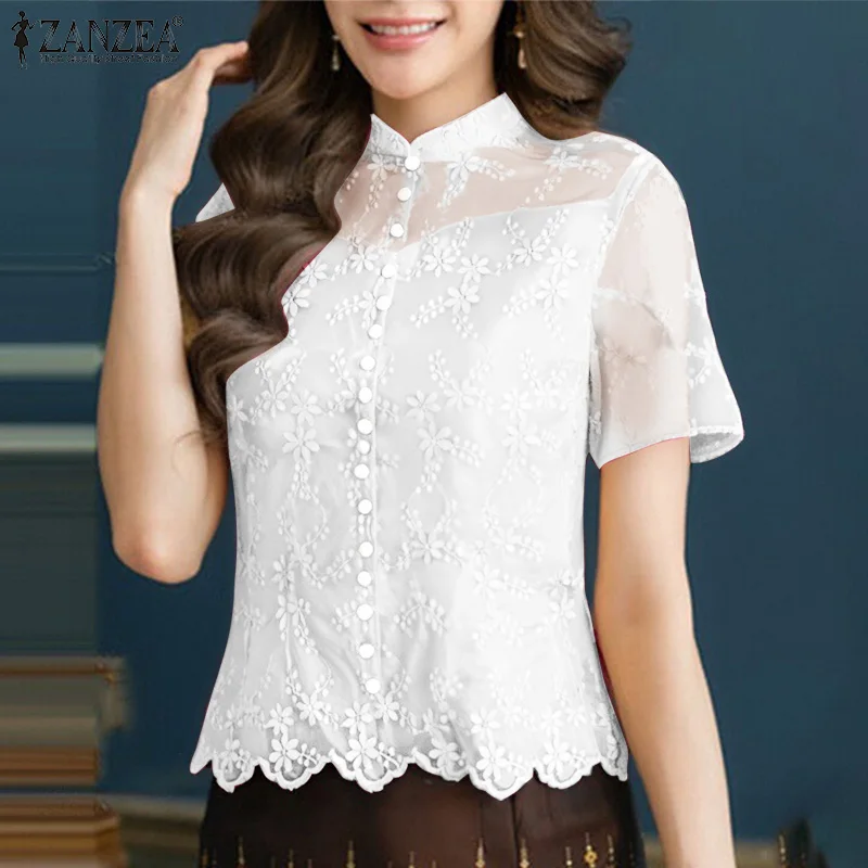 

ZANZEA 2026 Summer Lace Crochet Shirt Women Elegant Short Sleeve Work Blouse Embroidered Tops Stylish Slim Fit Holiday Blusas