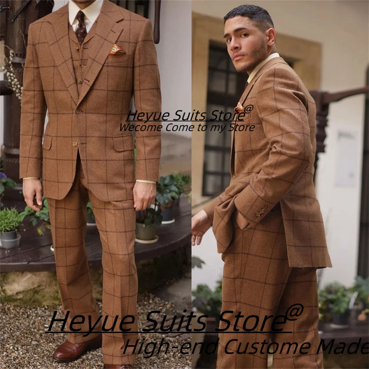 

Italian Style Business Plaid Men Suits Customized Slim Fit Notched Lapel Groom Wedding Tuxedos 3 Pieces Sets Male Prom Blazers