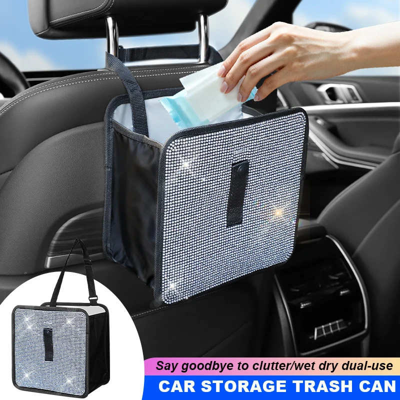 Bling Collapsible Car Trash Can  Large Capacity Seat Back Hanging Garbage Storage Bag Organizer For Women Interior Accessories