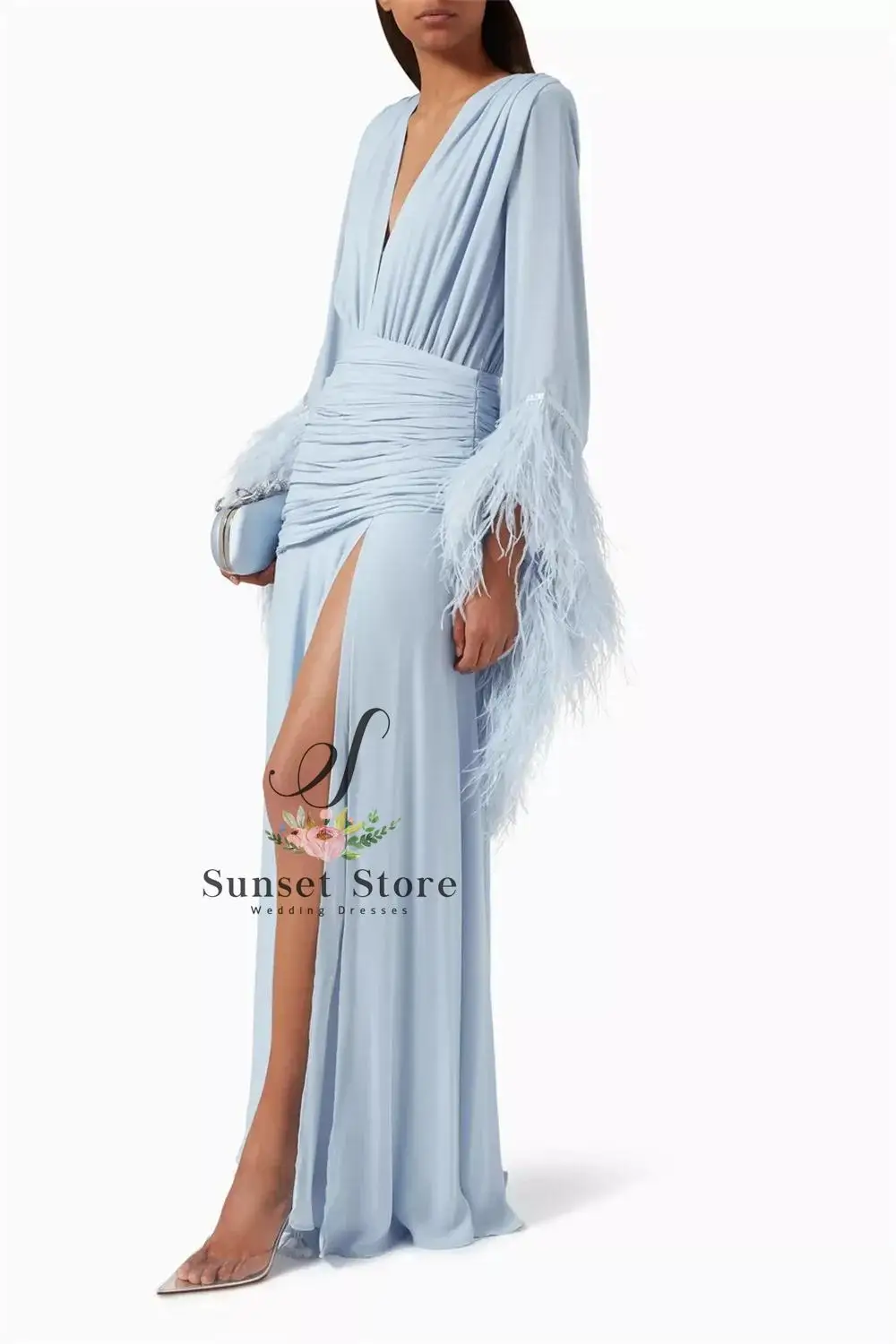 Customized Evening Dress V-Neck Feather Long Sleeves Elegant Evening Gowns Cascading Chiffon Ruffle Party Dresses image 2