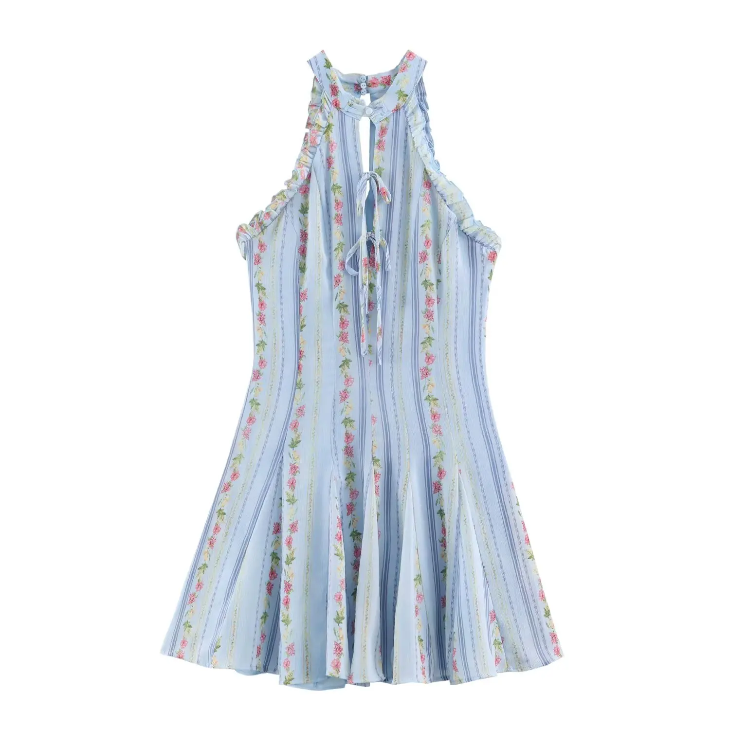 BSAY Vintage Blumenmuster Gestreiftes Neckholder-Kleid für Damen mit Rüschenbesatz, Schlüsselloch-Ausschnitt, ärmellos, ausgestelltes Minikleid, Strand- und Urlaubsoutfit – Detail 2