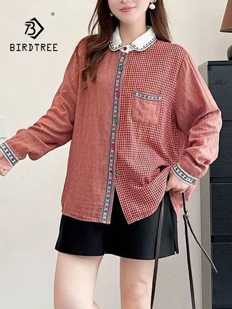 New 2026 Autumn Women Cotton Long Sleeve Shirt, Turn-down Collar Embroidery Plaid, Mori Girl Ethnic Style Loose Blouse T67449CC