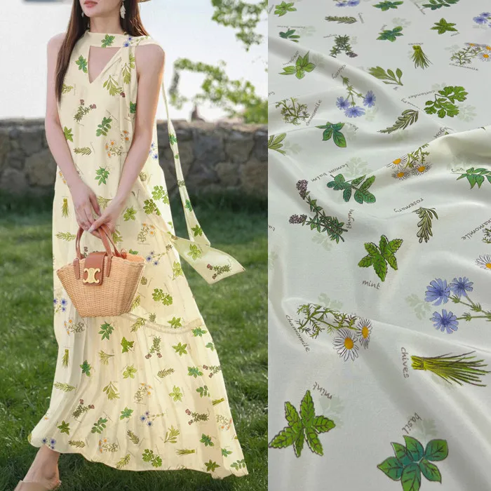 Light Green Herb & Botanical Print Silk Stretch Crepe De Chine Fabric Mulberry Silk Material For Dresses 140cm Wide Blouse