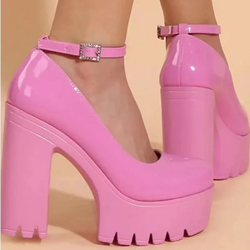 Zapatos de tacón grueso para mujer, calzado de plataforma con correa en el tobillo, color rosa, tacones de plataforma cuadrada dulce, Primavera, 2022