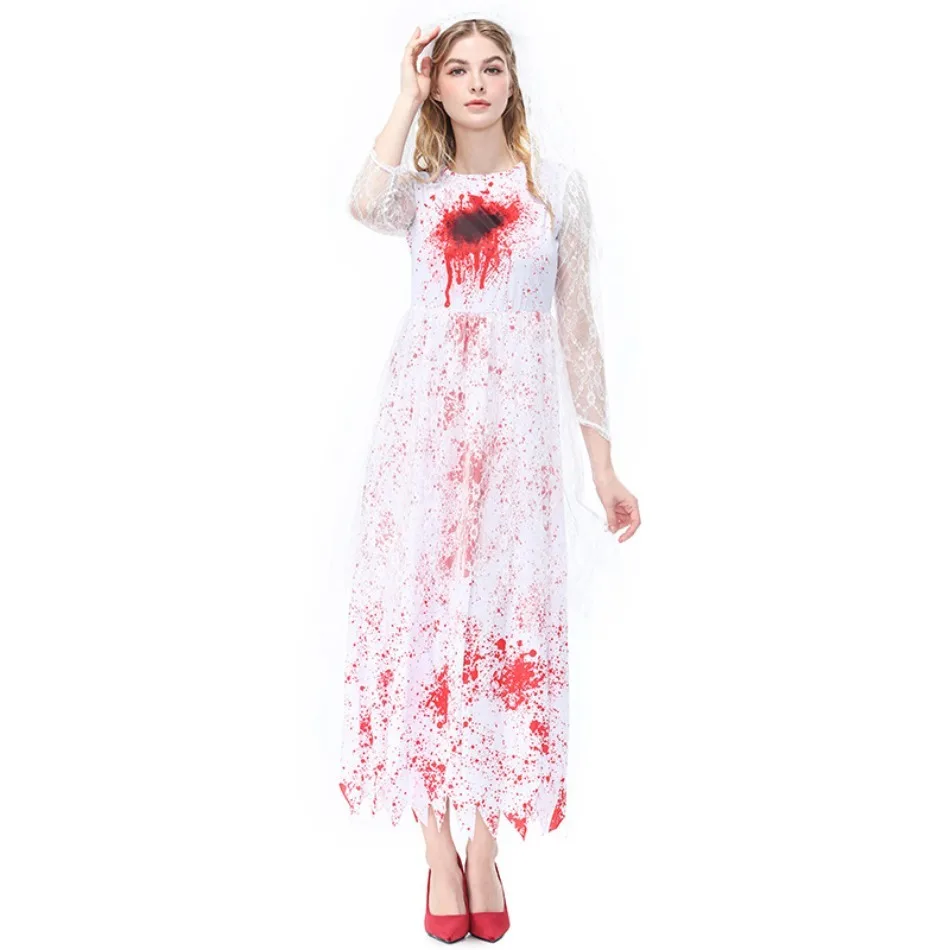 Teen Girls Tattered Blood Splatter White Lace Long Dress Horror Ghost Bride Costume Women Halloween Scary Party Outfit PS66