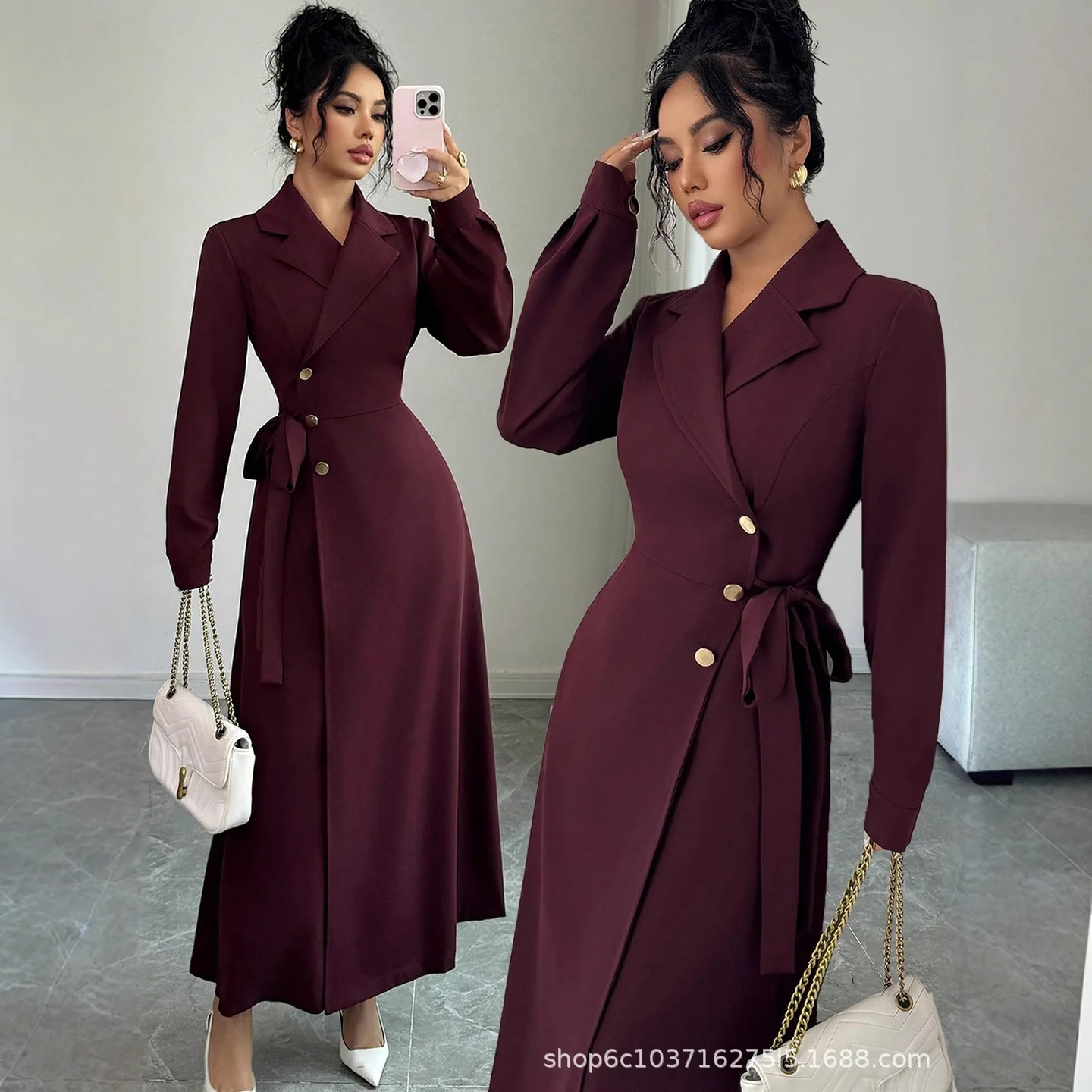 Women's Clothing 2026 Autumn/winter Suit Collar Long Sleeve Waist-tied Long Lady Blazer Dress Vestidos Clothing