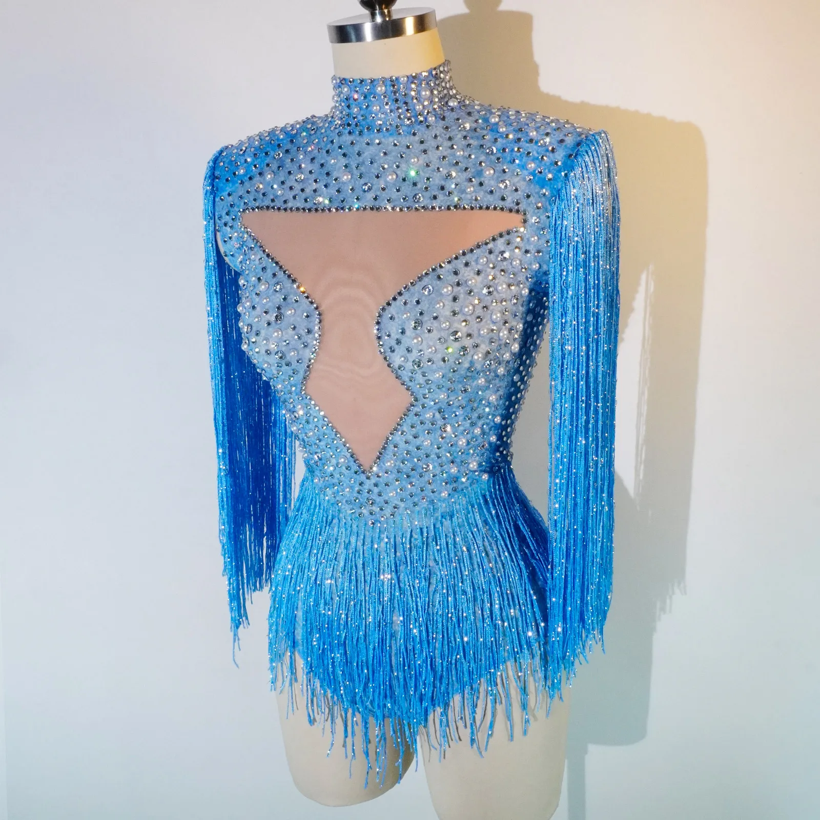 

High Quality Hot rhinestones blue bodysuit Tassel Sexy mesh Elastic Jumpsuit 2024 Fashion pole dance stage Women team Clothing