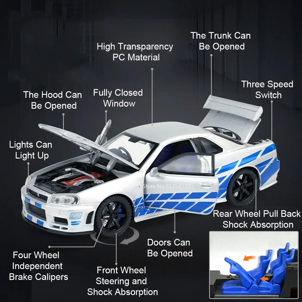 1:32 Nisaan GTR-R34 Sports Car Model Toy Alloy Diecast Miniature Vehicle Models Sound Light Pull Back Gifts for Kids