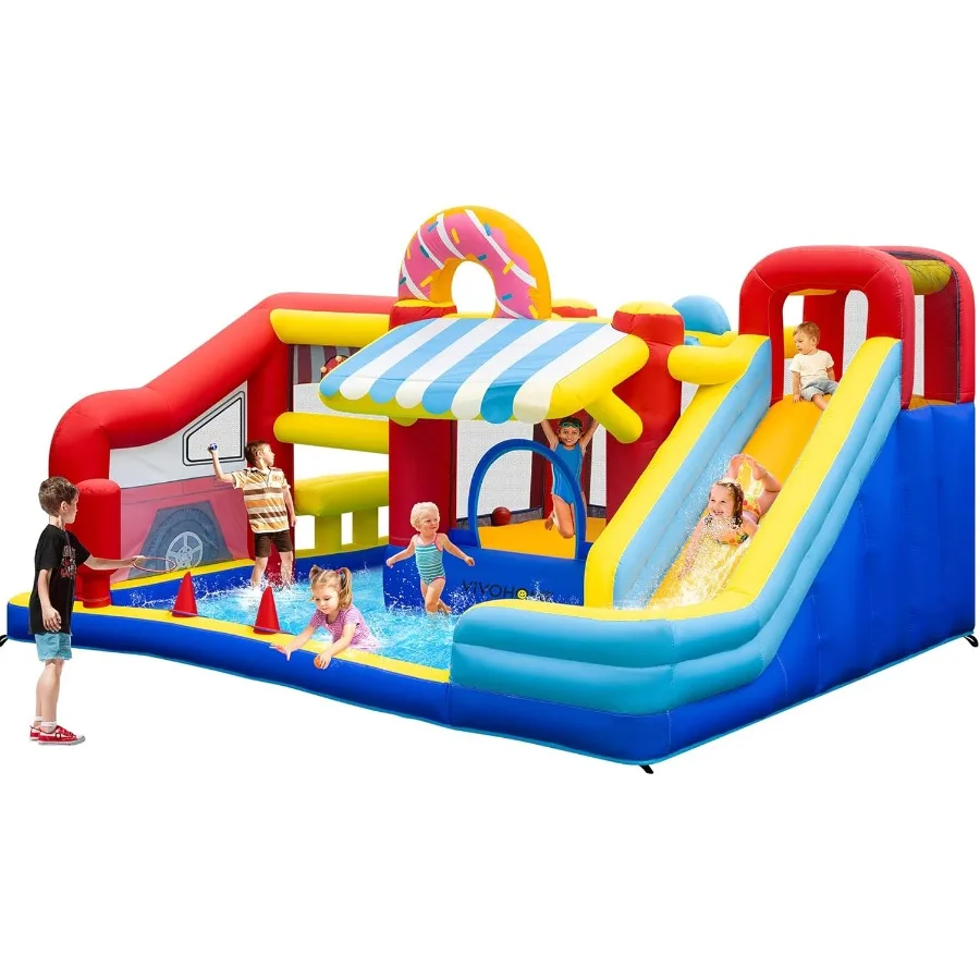 Casa de rebote 9 en 1 para niños, castillo inflable con tema de mercado con tobogán, bóveda inflable de 13x11 pies para exteriores con soplado