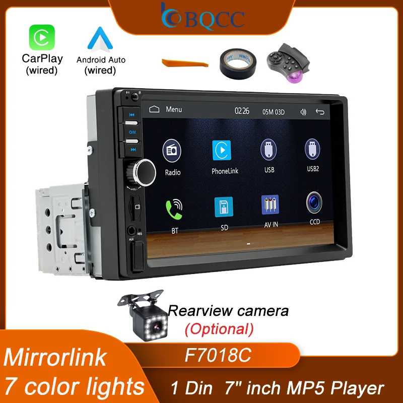 

BQCC 1Din 7 inch IPS touch screen car player with wired carplay Android Auto 7 color light mirrorlink TF FM USB mulitmedia radio