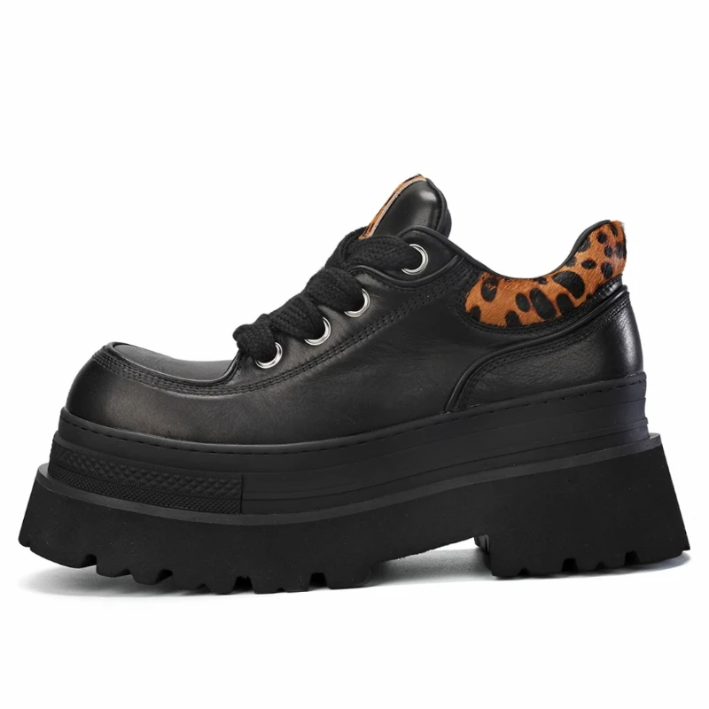 Original Thick Soled Height Increasing Shoes for Men's Genuine Leather Leopard Print Stitching Fashiona Casual Derby Shoes Male