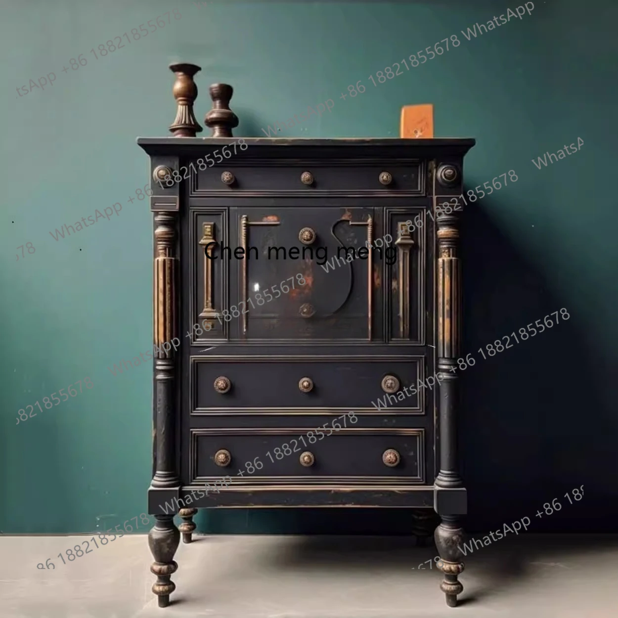 

American retro carved solid wood bedside table master bedroom black bedside storage cabinet
