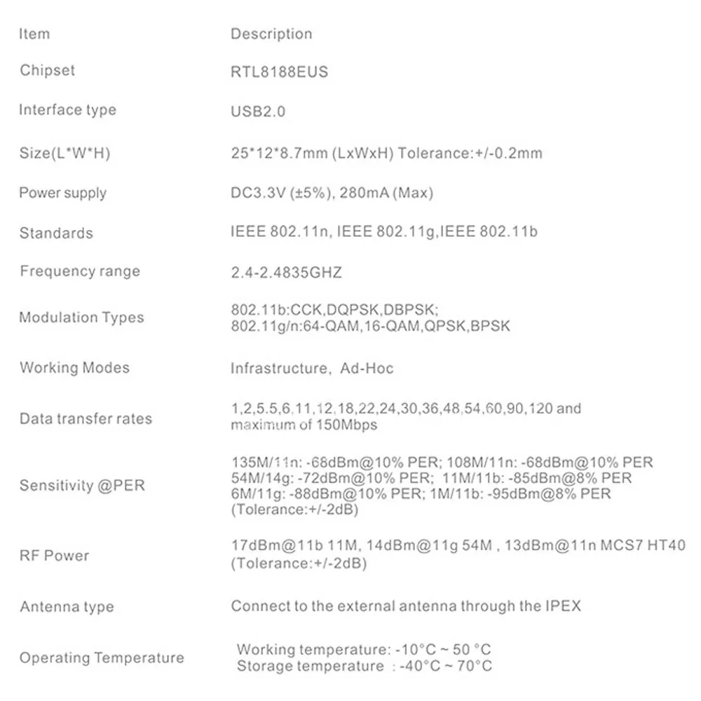 Módulo sem fio Wifi BL-R8188EU8 RTL8188EUS com porta de extensão 2,4 GHz para impressora 3D 3,3 V
