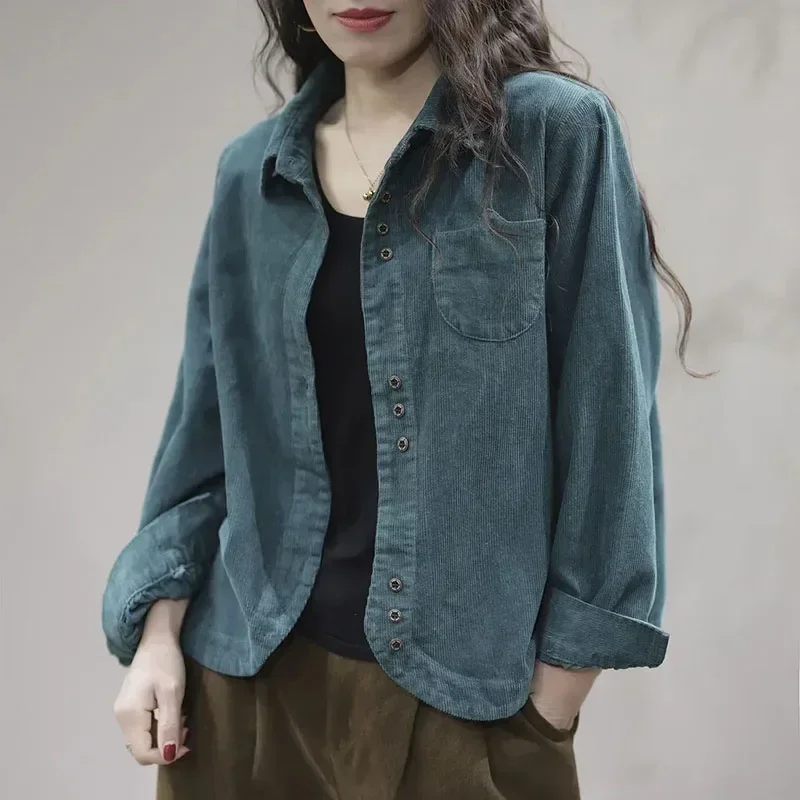 

Fashion Lapel Solid Color Button Pockets Casual Shirts Women's Clothing 2023 Autumn Winter Loose All-match Tops Commuter Blouses