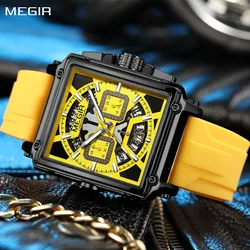 MEGIR Top Brand Men Watches Fashion Sport Military Chronograph Luminous Square Silicone Band Quartz Wristwatch Montre Homme 2233