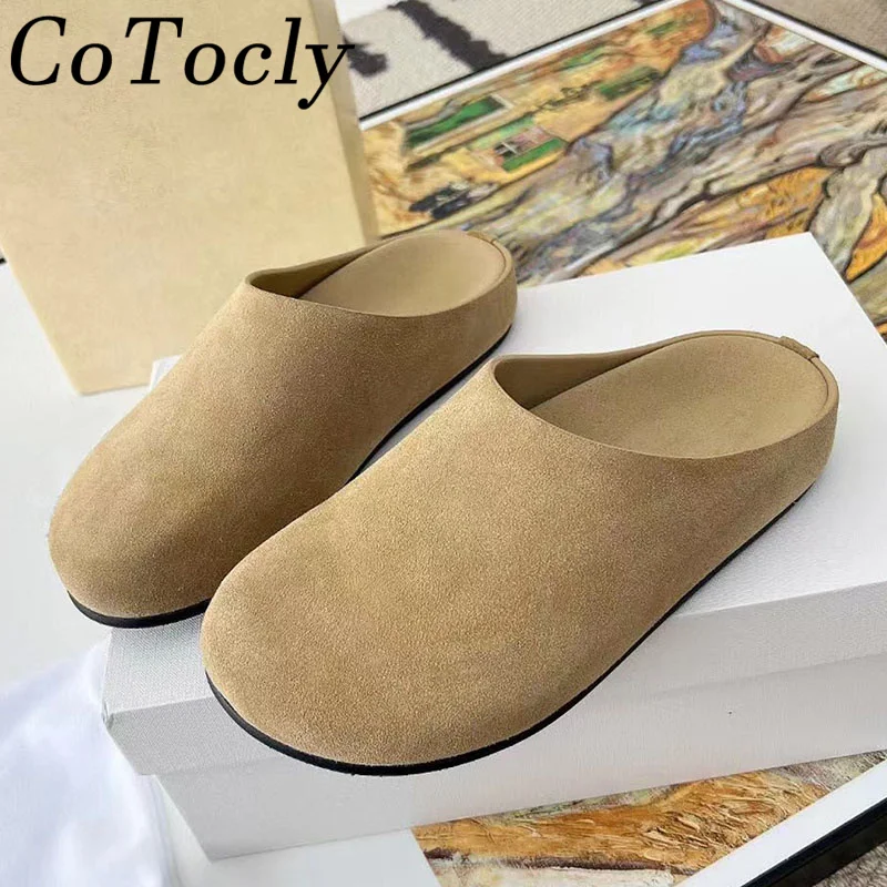 

Cow Suede Thick Sole Slippers Women Round Toe Flat Slides Outdoors Mules Shoes Female Casual Comfy Flat Half Slippers Woman