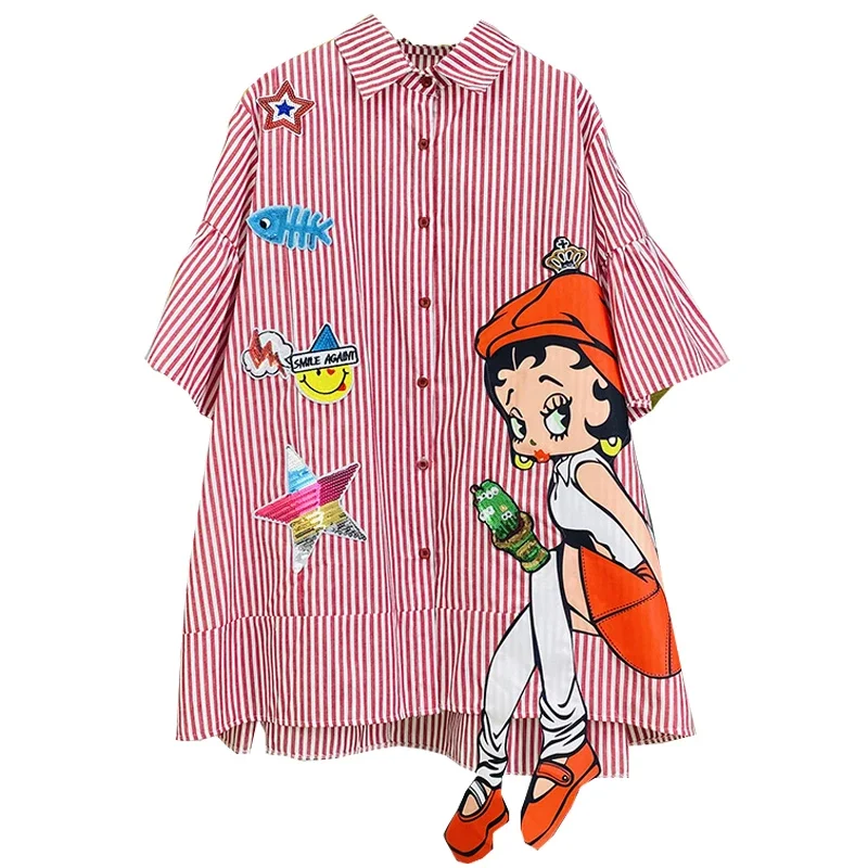Übergroße frauen Hemd Frühling Sommer Cartoon Gedruckt Patch Mid-Länge Bluse Weibliche Lose Abnehmen Nahen Hülse Hemd Rock