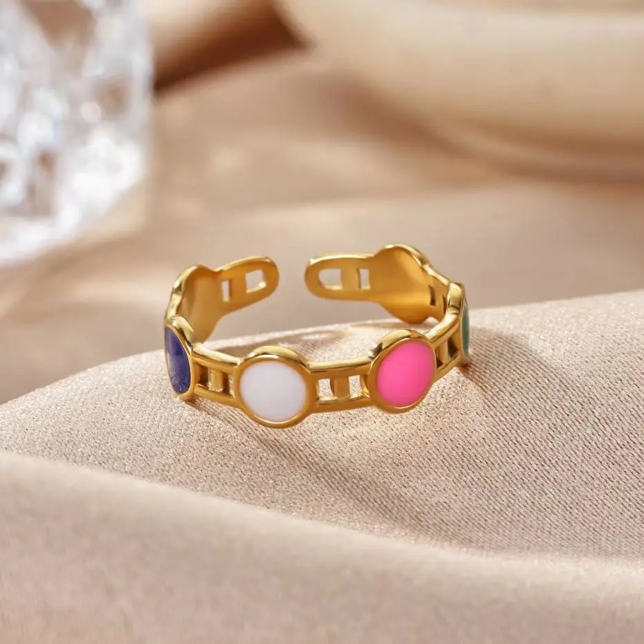 Colored Oil Drip Chain Round Rings For Women 18K Gold Plated Stainless Steel Opening Ring Wedding Party Aesthetic Boho Jewelry