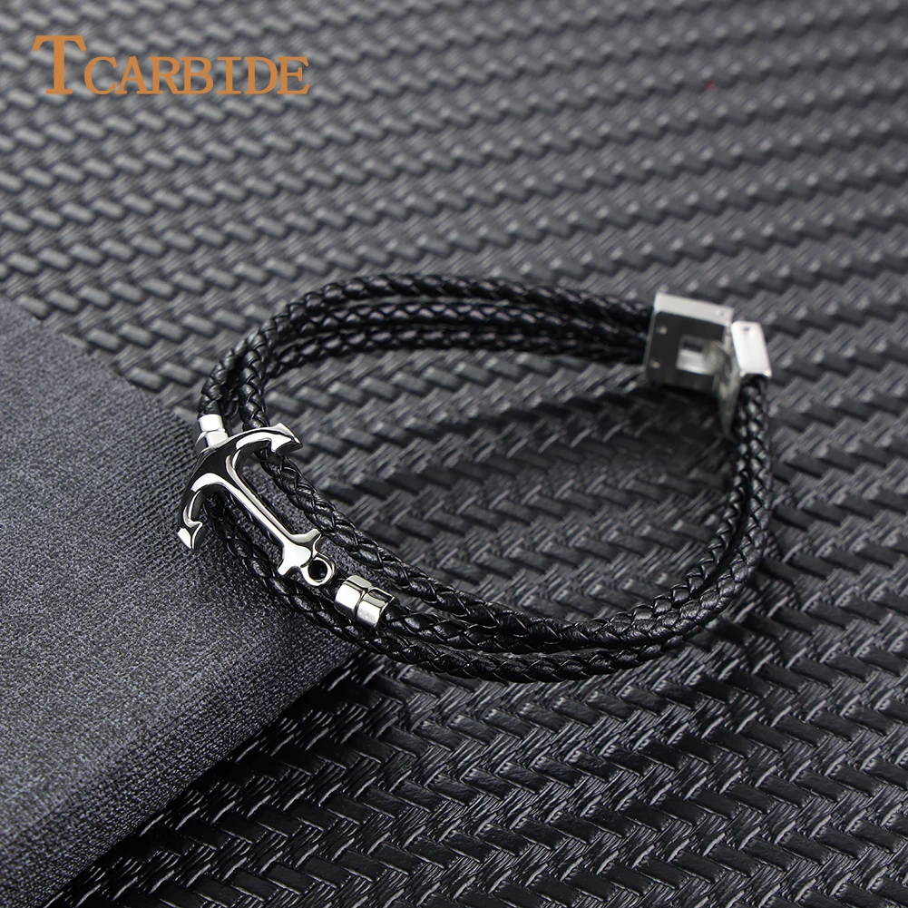 Punk Stainless Steel Anchor Accessories Hand-woven Leather Bracelet Bangles for Men Fashion Gift Jewelry