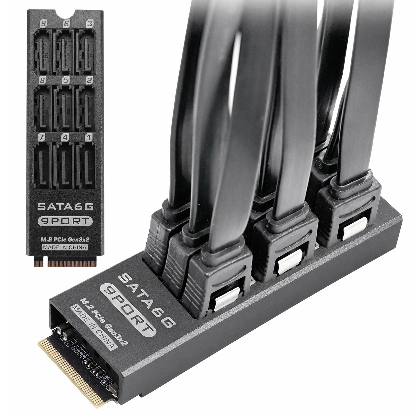 SATA 6Gbps 9-Port M.2 PCIe NVMe M-Key Expansion Card NAS Hard Drive Adapter with Aluminum Alloy Shell