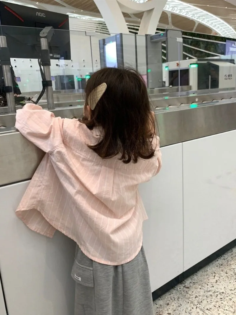 Girls Striped Shirt 2026 Summer New Korean Casual Sun Protection Jacket Kids Fashion Top Coat Baby Outerwear 4