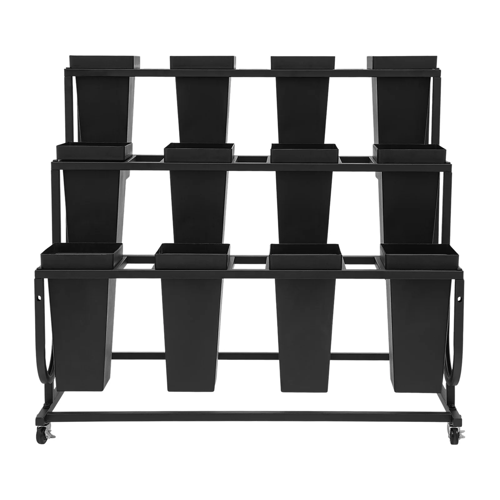 12 baldes de metal, 3 camadas, suporte de exibição de flores com 4 rodas bloqueáveis para loja de flores, casamento, casa, decoração de jardim, exibição de plantas