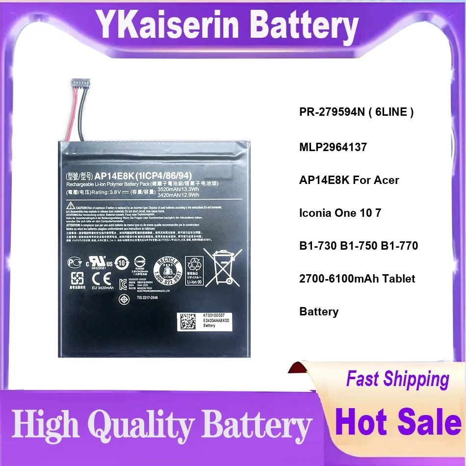 

PR-279594N ( 6LINE ) MLP2964137 AP14E8K For Acer Iconia One 10 7 B1-730 B1-750 B1-770 2700-6100mAh Tablet Battery