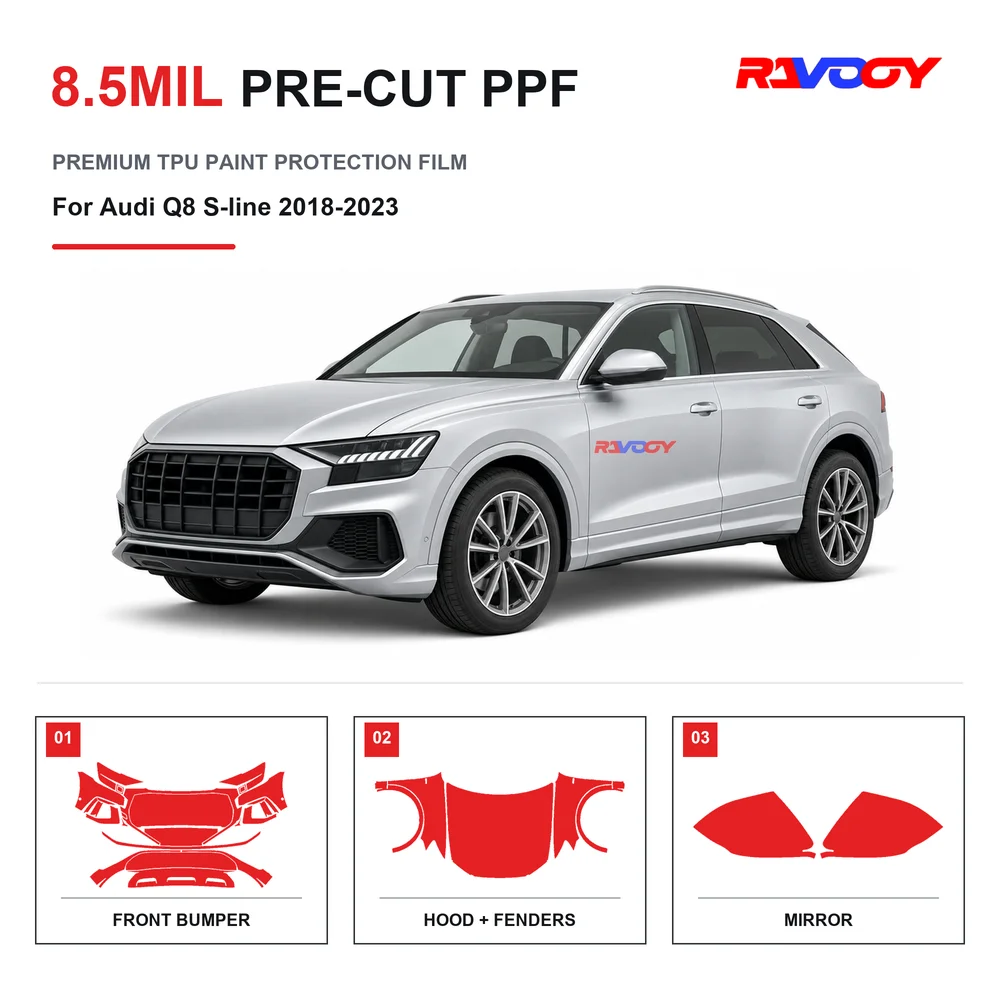 Precut PPF For Audi Q8 S-line 2018-2023 8.5mil TPU Clear Paint Protection Film Self Healing Hydrophobic UV Stone Chip Guard