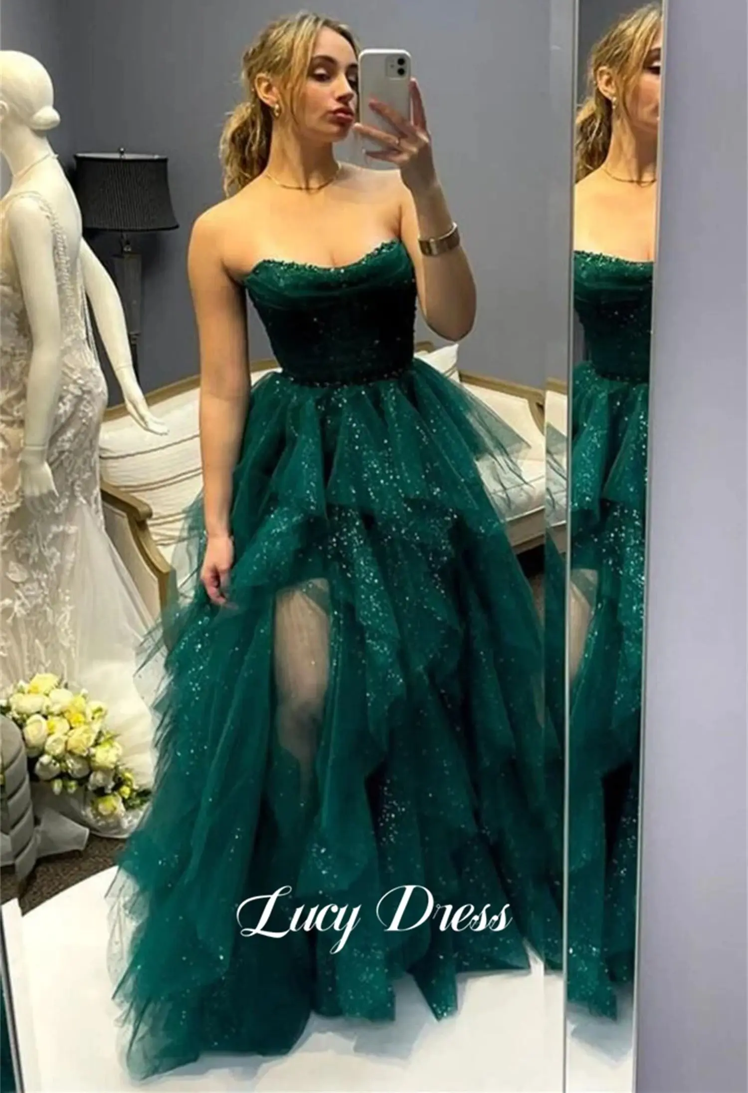 Lucy-vestido de graduación verde para mujer, malla brillante, hendidura en capas, lujoso vestido de noche turco, vestido de Gala elegante, fiesta de graduación