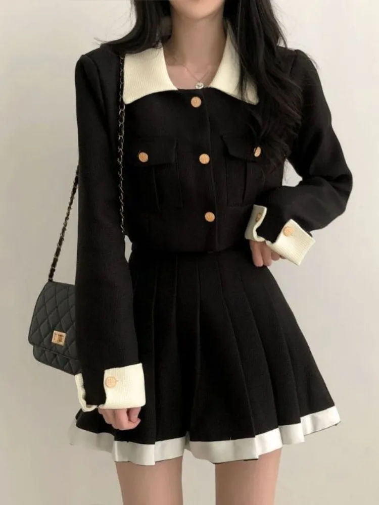 

Korean Sle ort Ne Pleated Skirt Two Piece Set for Women Ele College Campus Faion Spring Autumn Winter