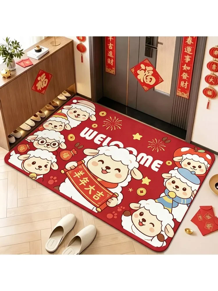 VIKAMA2027 New Year's Year of the Sheep Red Cartoon Soft Diatom Mud Bathroom Out Door Mat