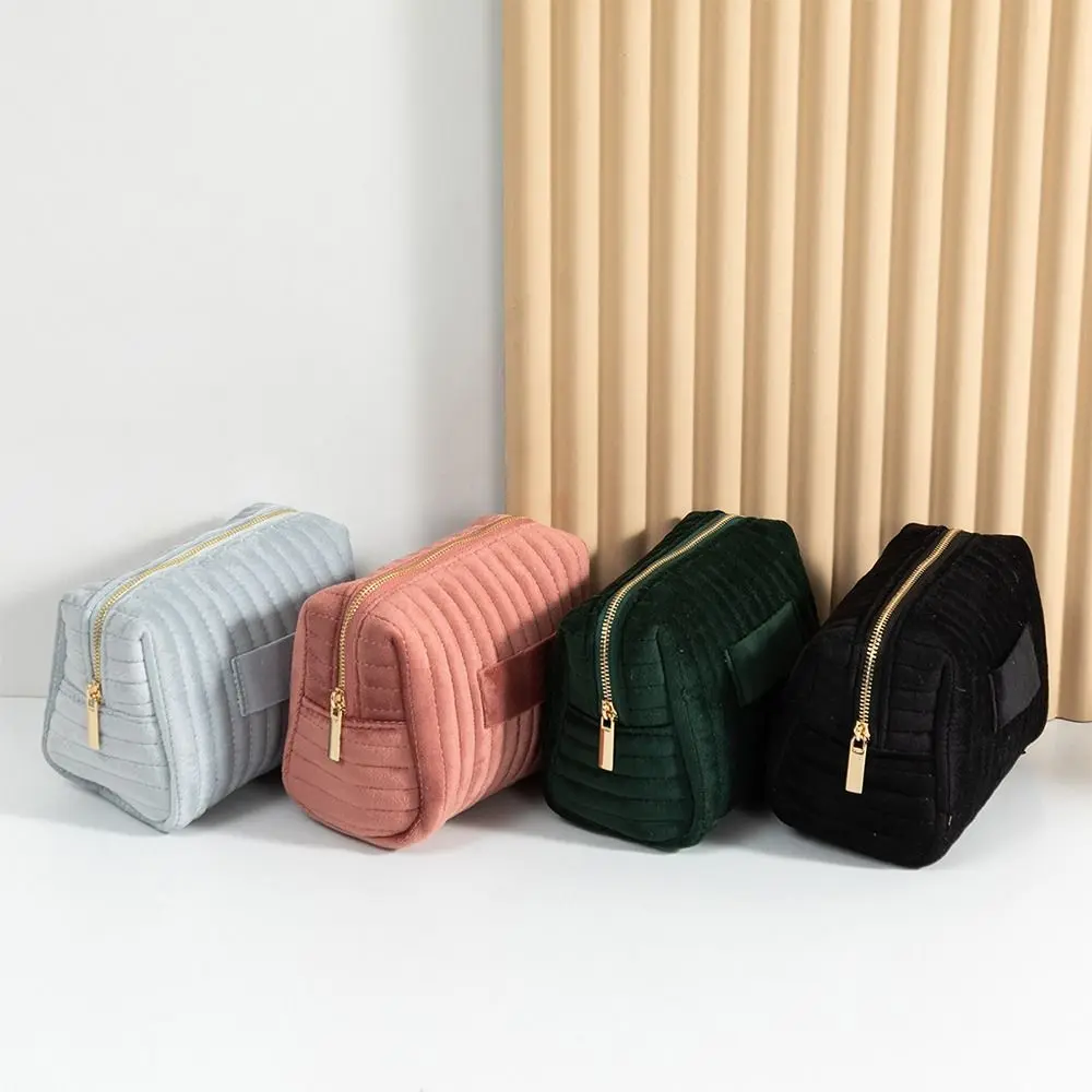 Portable Velvet Makeup Bag Soft Touch Large Capacity Cosmetic Bag Striped Quilting Makeup Pouch Girls