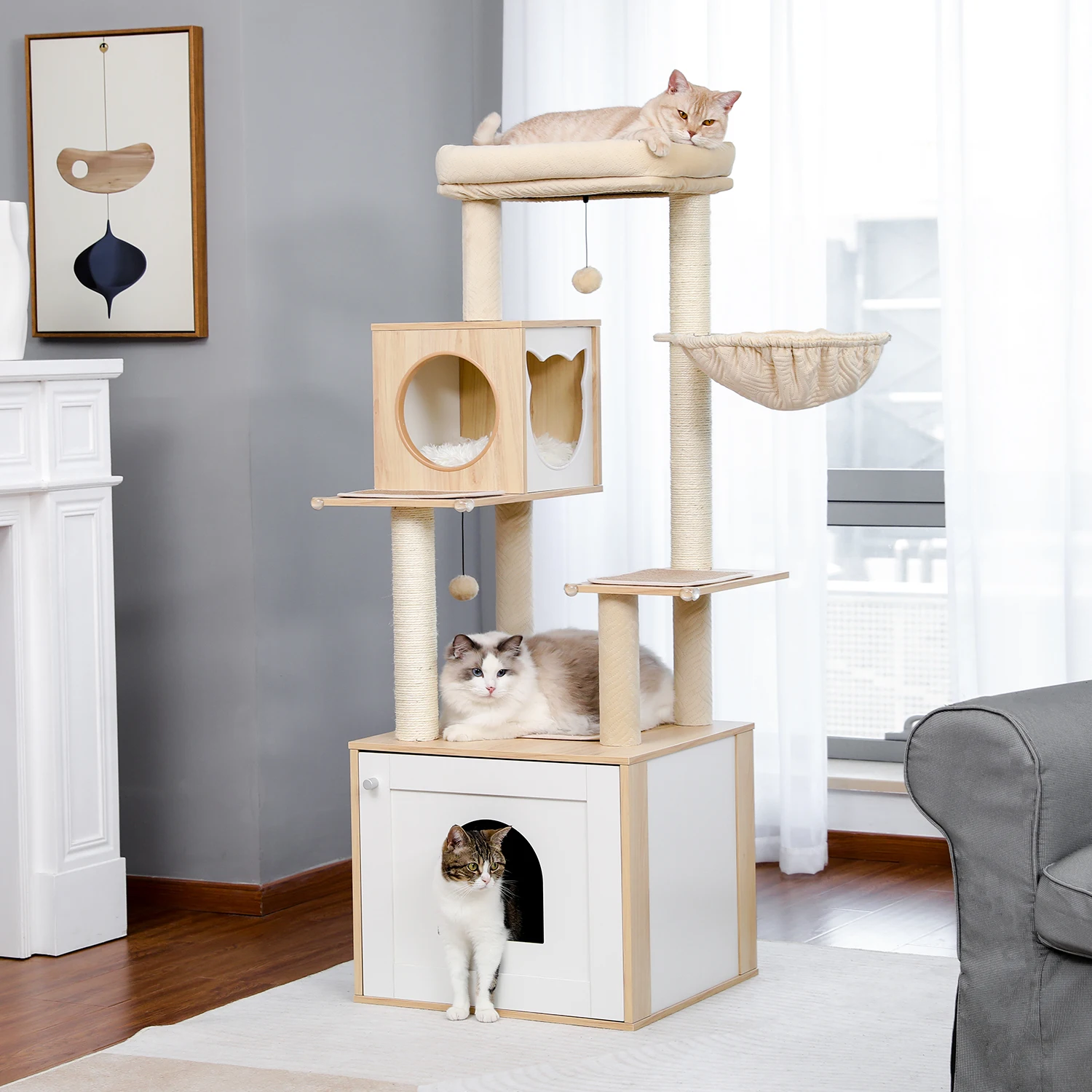 Imagem -03 - Multi-nível Cat Tree Madeira Grande Torre Cat com Arranhando Posts Cat Condomínio Hammock Cat Scraper Pet Cama e Móveis Brinquedos para Gato