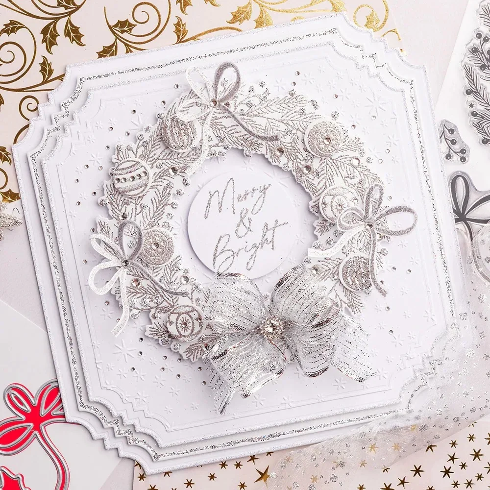 Gilded Floral Merry Christmas Wreath Baubles Shooting Star Poinsettia Rose Metal Cutting Die Stamp Scrapbook Stencil Photo DIY view 6