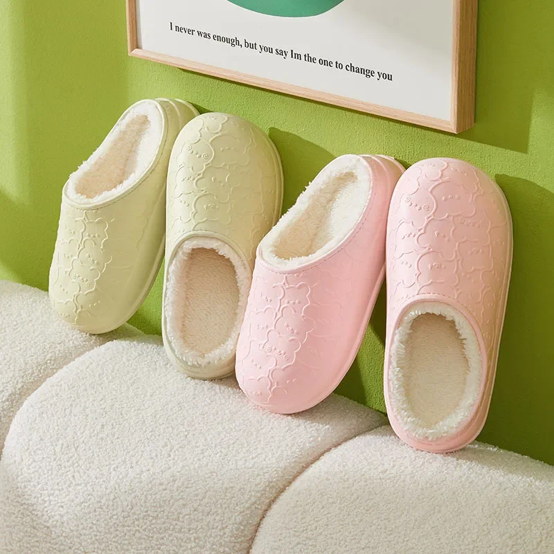 Autumn and Winter New Product Simple Print Little Bear Couple Style Cotton Slippers for Men and Women, Waterproof Cotton Cover