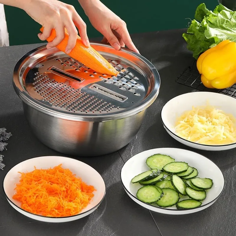 3 in 1 Multifunctional Stainless Steel Basin and Grater Vegetable Cutter Grater Filter and Drain Basket Kitchen Washing Filter